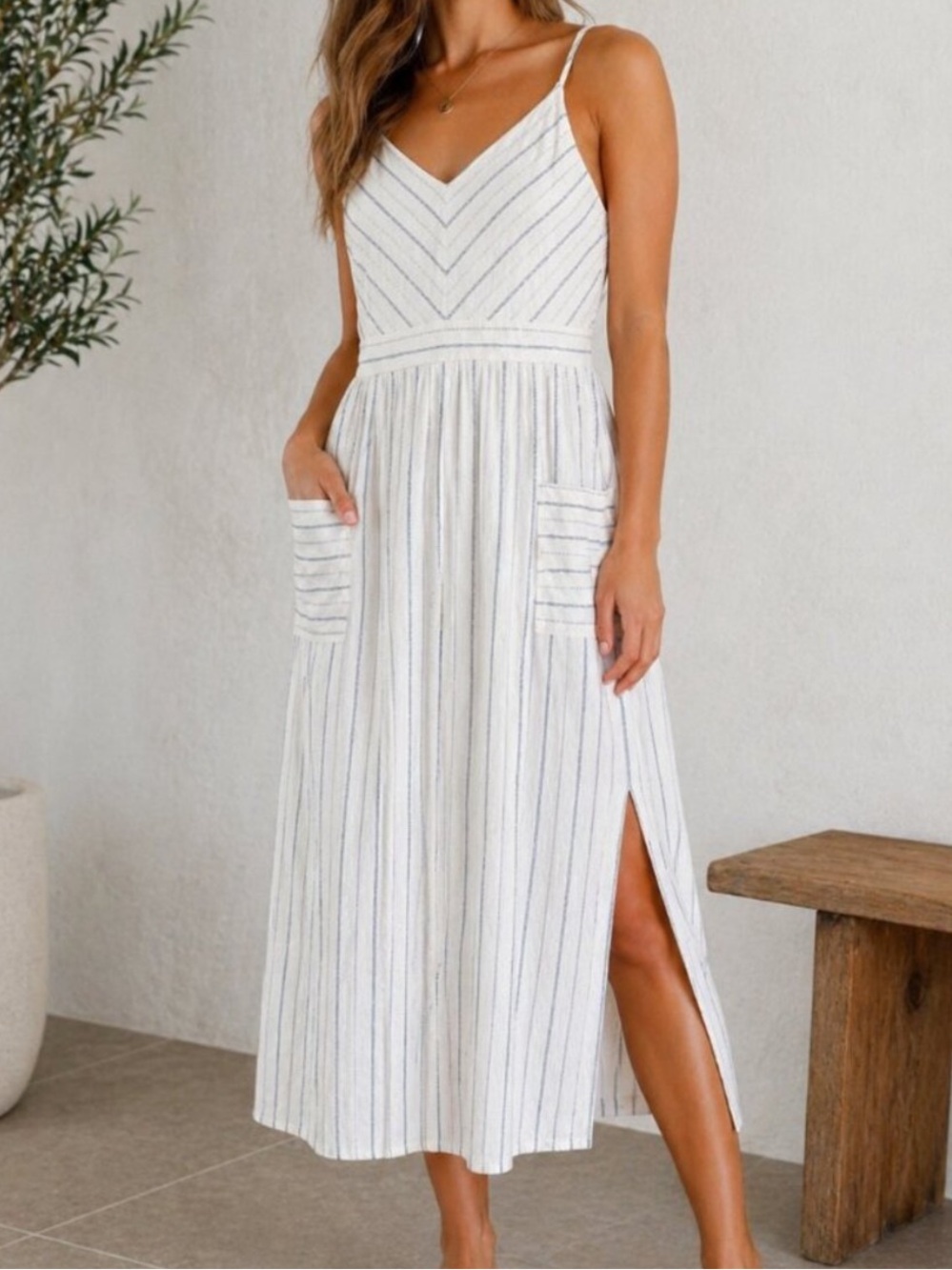 Monteau White and Navy Striped V-Neck Midi Dress with Side Slit